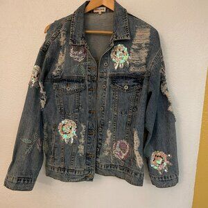 Statement Sunset + Spring Distressed Denim Jacket w/ Embellished Florals (M)